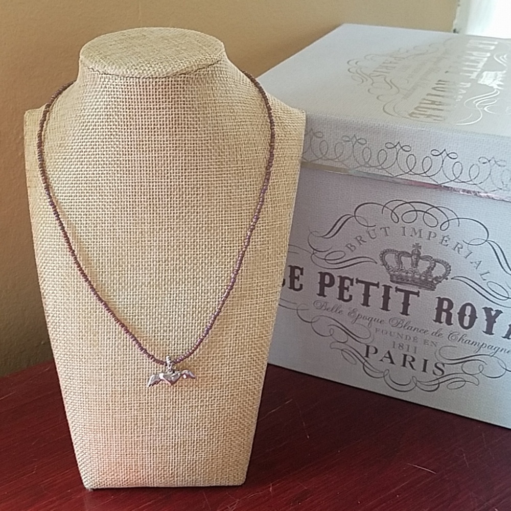 Handmade bead and wing heart charm necklace